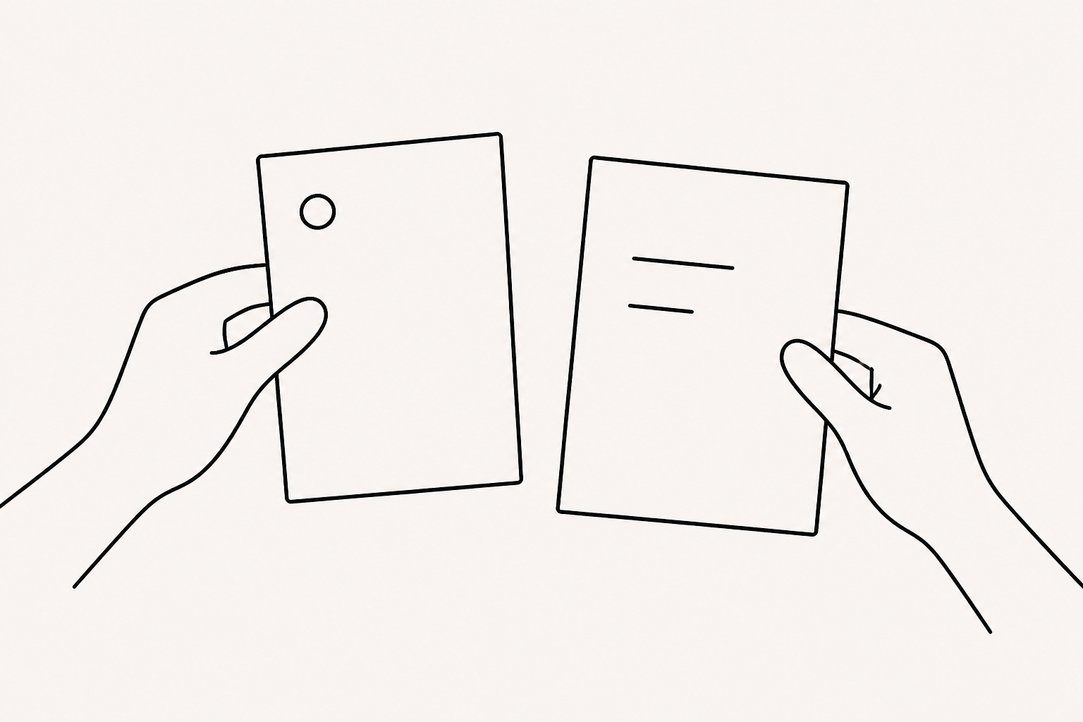 A pen sketch of two hands aligning an RFP requirement card beside an answer document for comparison