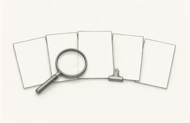 A people-free monochrome sketch of several blank document sheets, a clip marking a midpoint, and a magnifying glass reviewing the earlier pages
