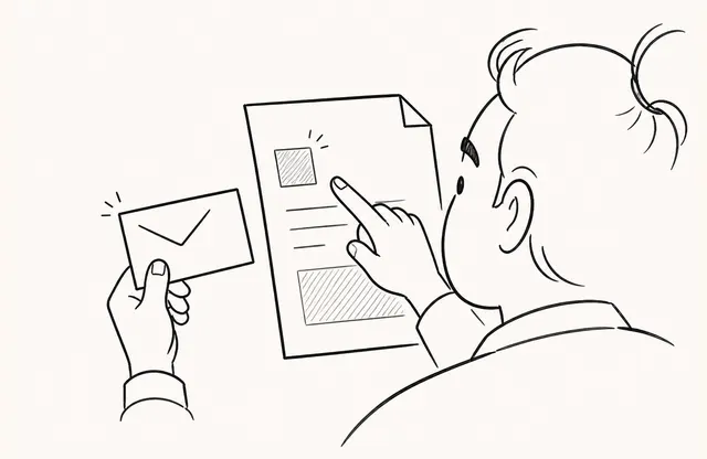 한 사람이 봉투를 들고 첫 문서 페이지를 가리키며 내용을 대조하는 펜 스케치
