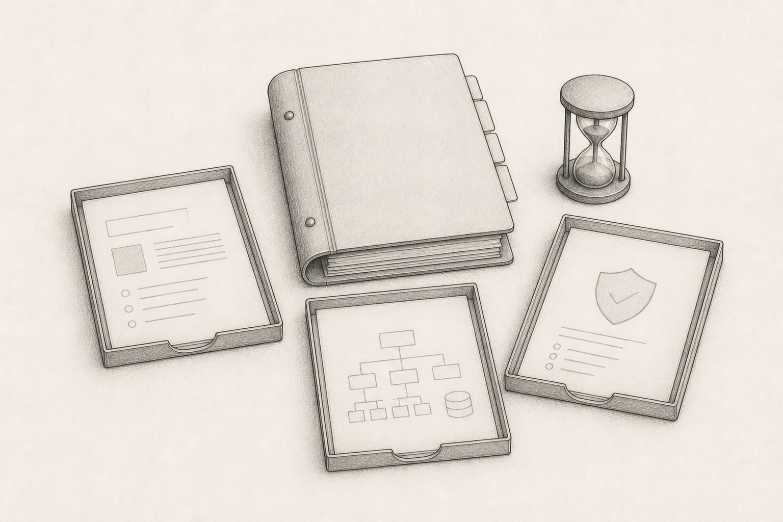 A people-free still-life sketch of one technical proposal arranged with separate technical and security review packets
