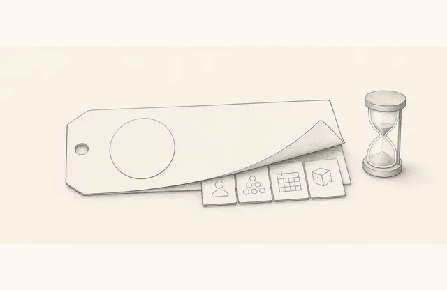 A wide editorial sketch of an open pricing sheet with a price marker on one side and small cards representing billing conditions on the other