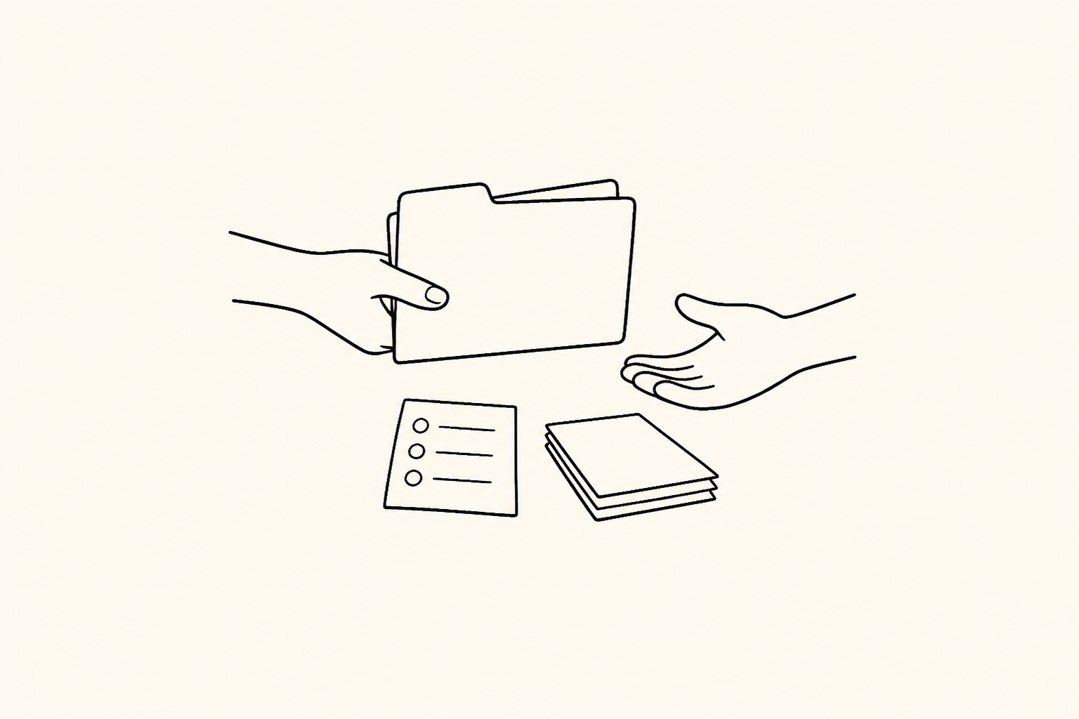 A minimal monochrome pen sketch of one person handing over a folder while access notes and external distribution documents are reviewed separately.
