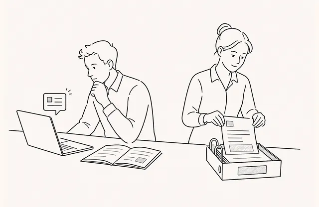 한 사람은 문서 열람 알림을 확인하고 다른 사람은 제출된 연락처 양식을 별도 기록함에 보관하는 단색 펜 스케치